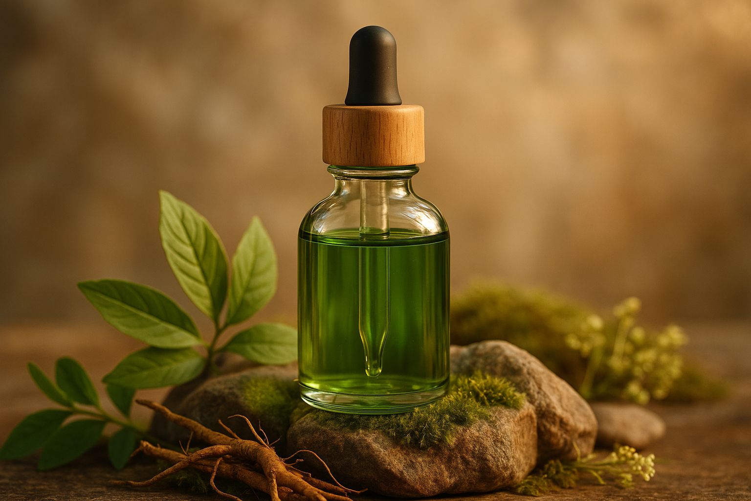 Premium Solum7 artisanal herbal tinctures and botanical elixirs with fresh organic herbs, natural ingredients, and traditional craftsmanship on rustic wooden surface